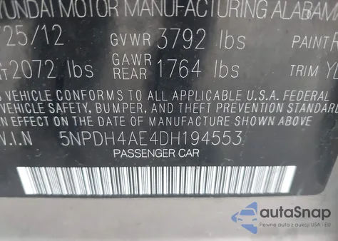 2013 Hyundai Elantra Limited from USA, damaged, VIN 5NPDH4AE4DH194553